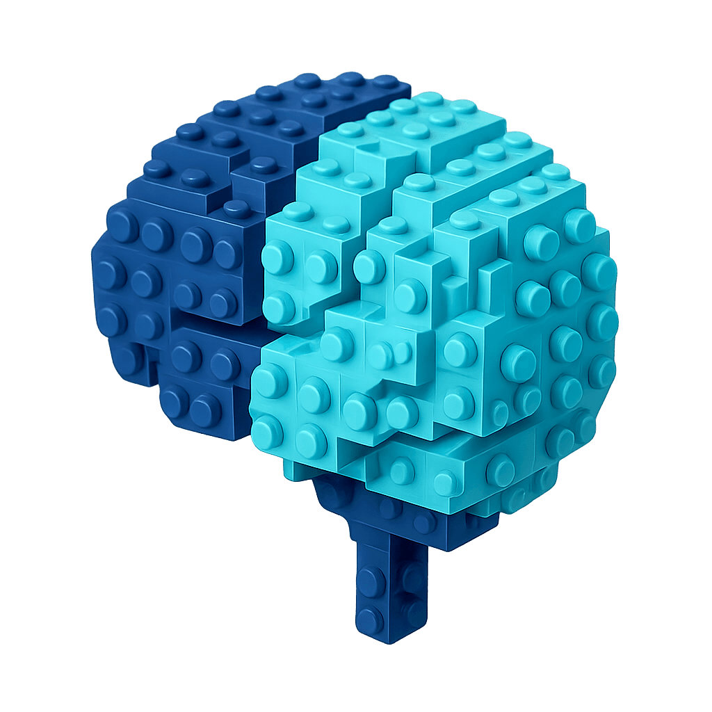 Blue LEGO brain representing strategic thinking, technical leadership, and intellectual expertise