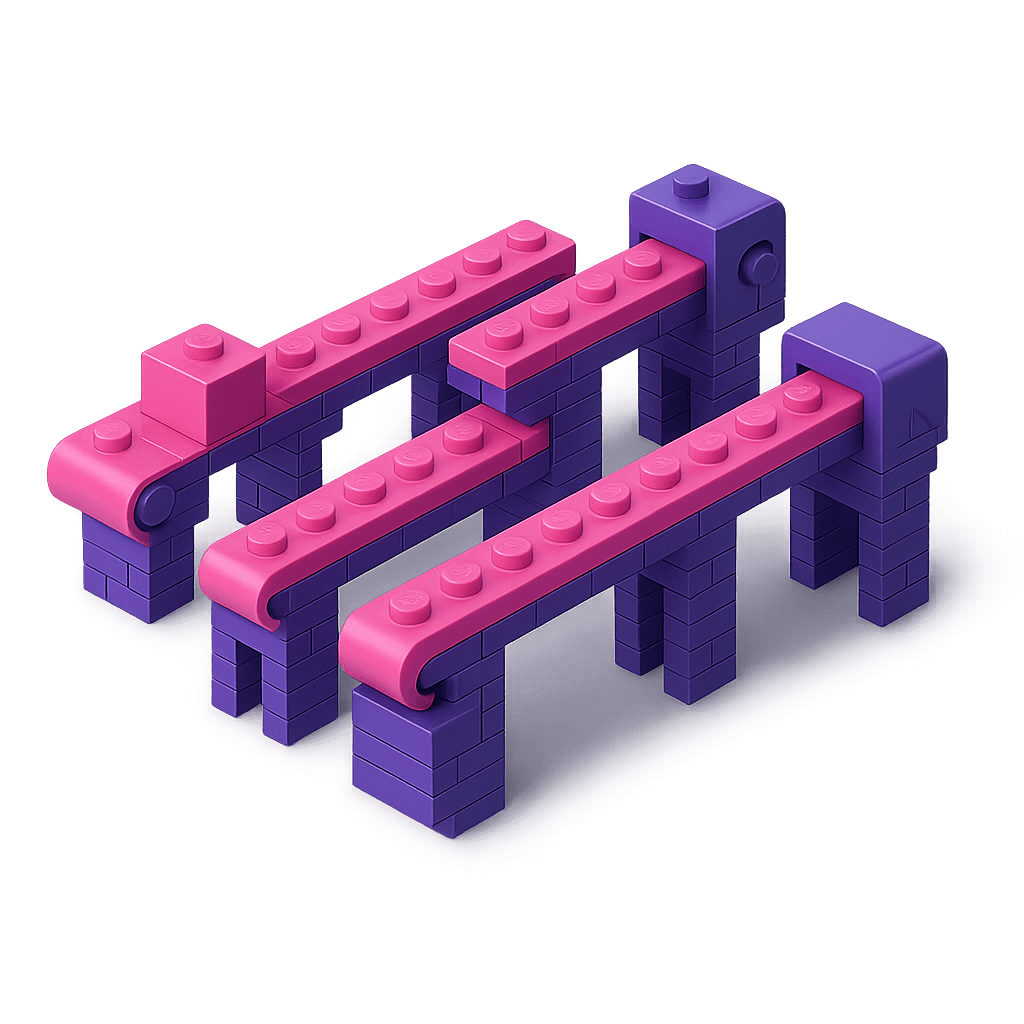 Pink LEGO conveyor belt representing automated workflows and streamlined processes