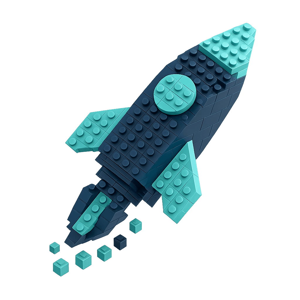 Blue LEGO rocket representing technology innovation and strategic growth